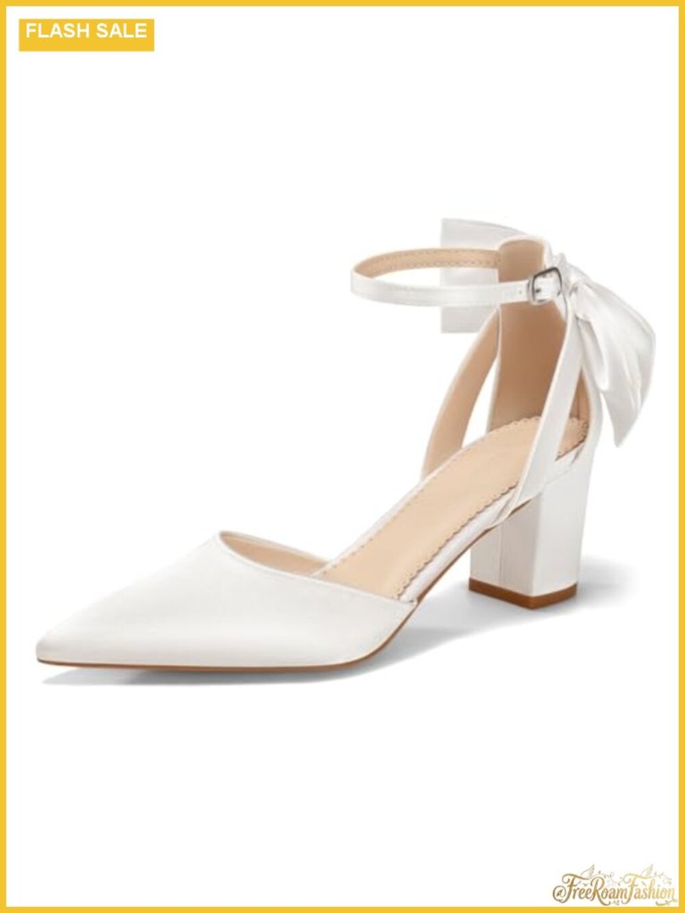 Womens Chunky Block Heel Pointed Toe Ankle Strap Pumps Bow Wedding Party